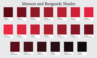 Color Palette 20 Shades of Maroon and Burgundy - Rich, Elegant, Wine Colors - with HEX Codes and Names, Colour Swatches and Combinations