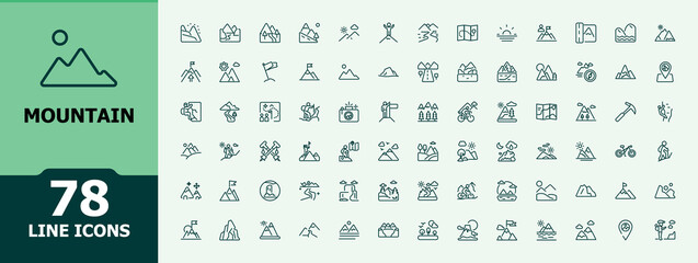 Mountain vector icon set. Includes thin line climb, peak, climbing, hill, explore, mountains and more. Thin outline icons pack. Vector icons editable stroke. Minimalist vector collections.