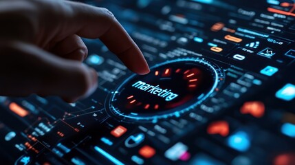 Digital marketing technology and internet advertising concept. Businessman pressing digital marketing button on