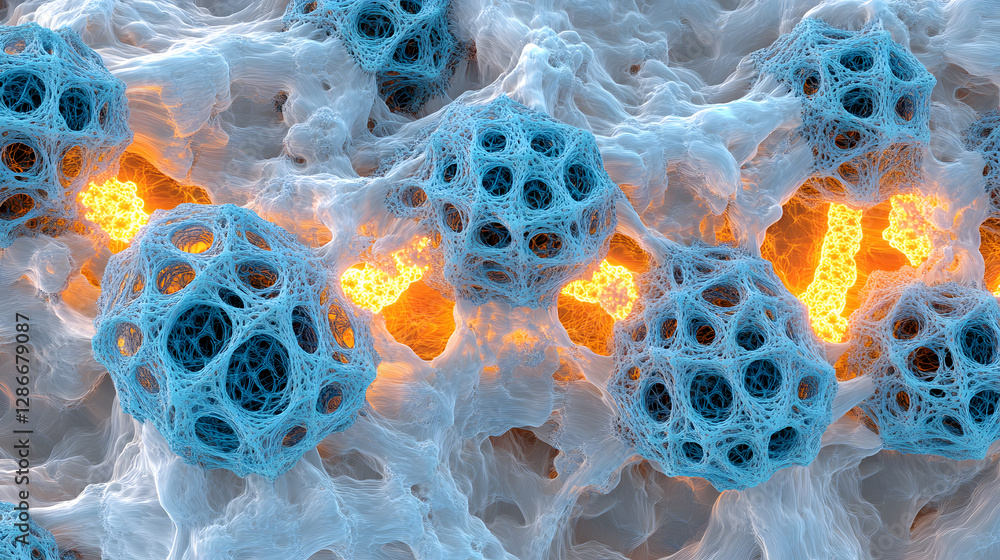 Poster close up of a cell with blue and orange elements showcasing a conceptual representation of cellular 
