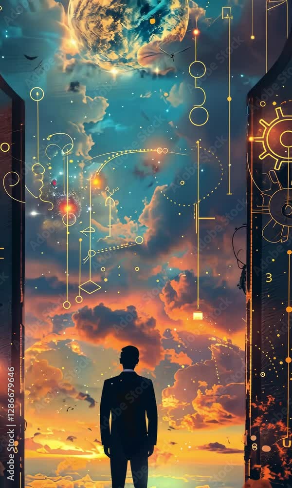 Poster exploring new realms of imagination through a keyhole into a vibrant universe at sunset