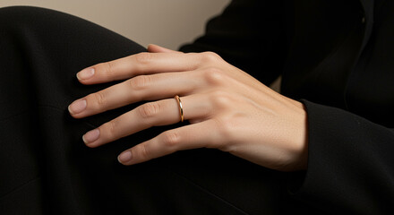 Close-up of a woman's hand elegantly resting on her knee with a stylish ring