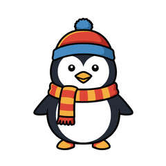 Cute Cartoon Penguin Dressed for Winter with Hat and Scarf
