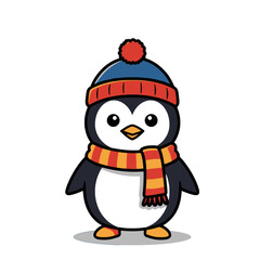 Cute Cartoon Penguin in Winter Hat and Scarf Illustration