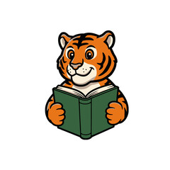 Cartoon Tiger Reading an Open Book with a Curious Expression