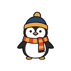 Adorable Cartoon Penguin Wearing Winter Hat and Scarf Illustration