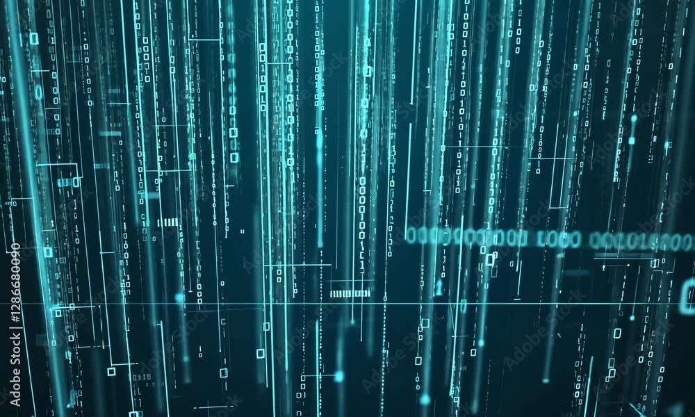 Poster digital transformation visualizes streaming data flow in real time with pulse of blue and black back