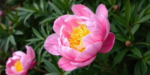 Fototapeta premium Vibrant pink peony flower with delicate yellow petals unfolding against lush green foliage, yellow peonies, garden blooms