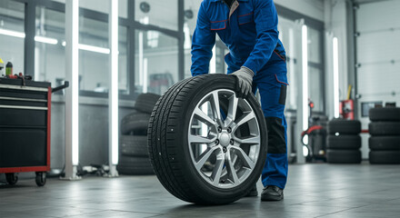Auto mechanic moving a car tire in a professional workshop