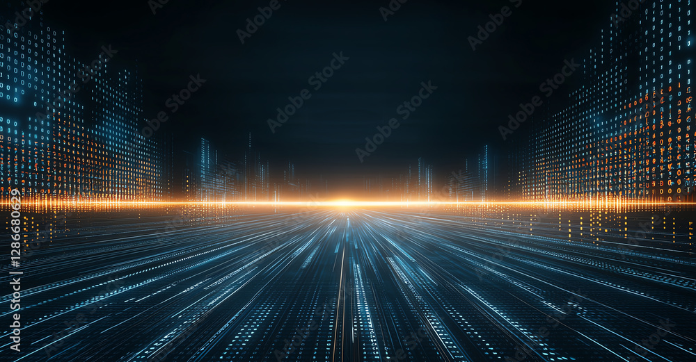 Poster digital technology background with binary code and glowing lines. this futuristic scene evokes sense