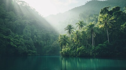 Serene Tropical Lake Surrounded by Lush Green Jungle with Sunbeams