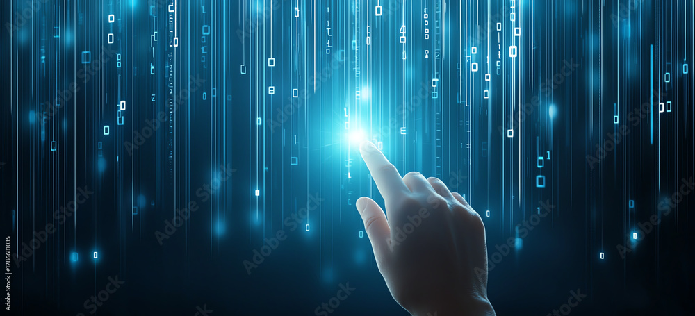 Poster hand touching digital screen with binary code and glowing elements, symbolizing technology and inter