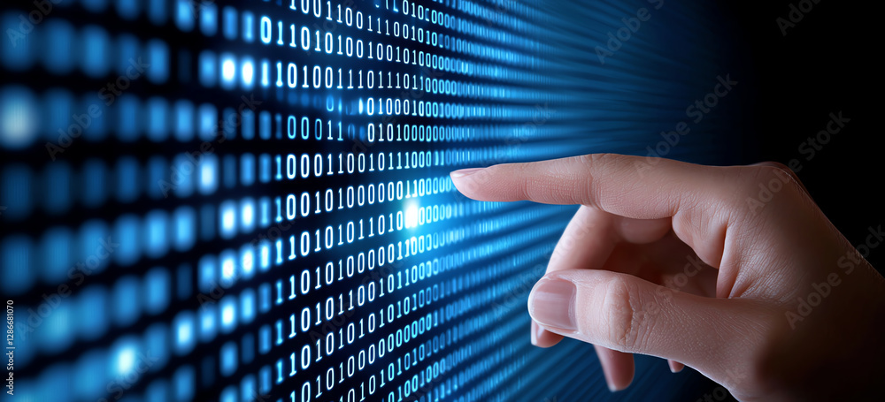 Aufkleber hand touching digital screen displaying binary code, symbolizing technology and data interaction. sc