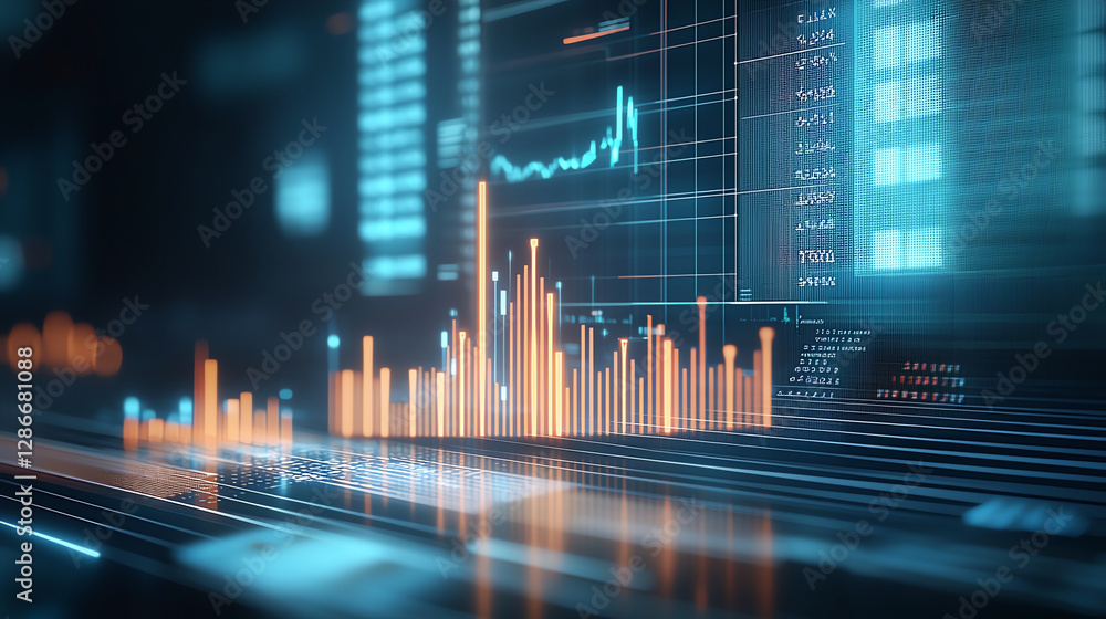 Poster high tech digital hologram of business data analysis with graphs and charts. vibrant colors and futu