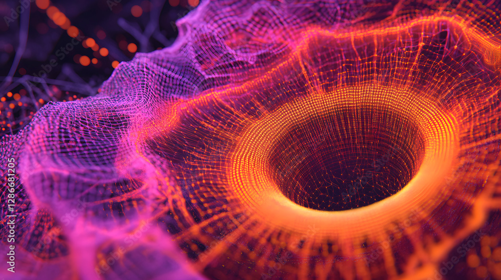 Poster close up of a purple and orange abstract structure with tulip flowers in a conceptual visualization