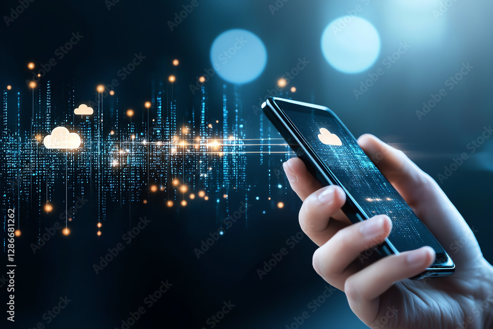 Poster hand holding smartphone displaying glowing cloud icons and digital data. image conveys sense of tech