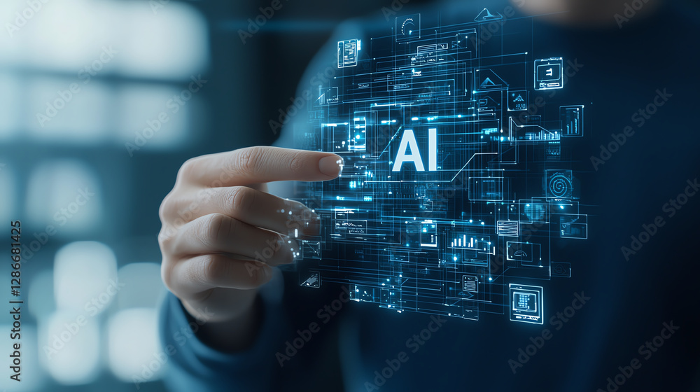 Poster innovative digital hologram showcasing ai figure with data visuals. hand interacts with holographic 