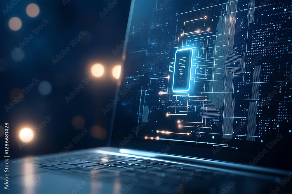 Poster futuristic laptop displaying digital circuit board with glowing elements, symbolizing advanced techn