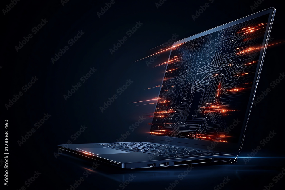 Poster futuristic laptop with digital circuit board glowing in dark. sleek design and vibrant lights create