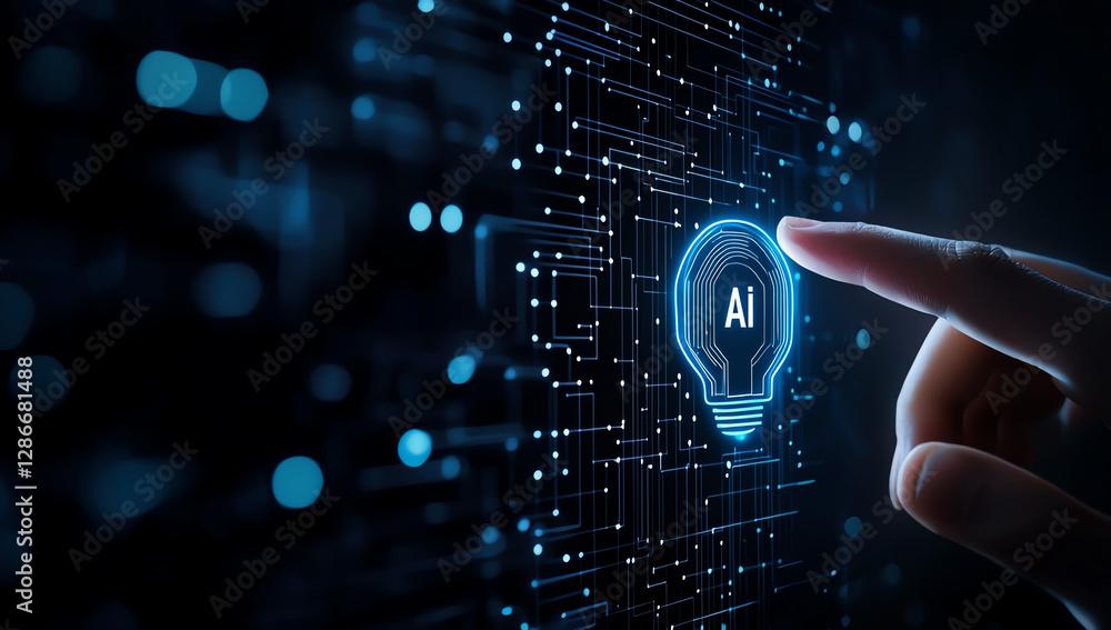 Poster hand pressing glowing light bulb icon with ai symbol, representing technology and innovation. backgr