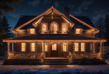Fototapeta premium Twinkling lights adorning a festive holiday house, cozy home, holiday decorations