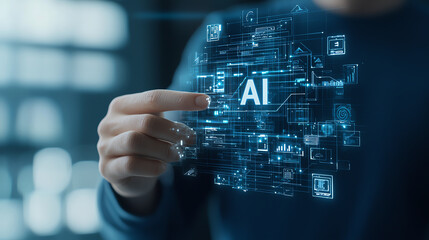 Fototapeta premium Innovative digital hologram showcasing AI figure with data visuals. hand interacts with holographic display, emphasizing technology and artificial intelligence