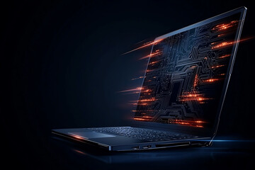Futuristic laptop with digital circuit board glowing in dark. sleek design and vibrant lights create sense of advanced technology and innovation