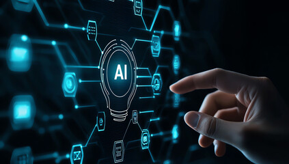 Fototapeta premium hand pressing light bulb icon with AI symbols in digital interface, showcasing technology and innovation