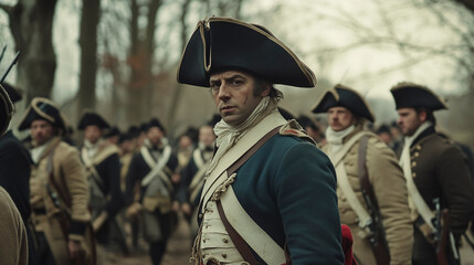 Fototapeta premium American Colonists in Revolutionary War Uniforms on Battlefield