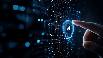 Fototapeta premium hand pressing glowing light bulb icon with AI symbol, representing technology and innovation. background features digital circuit pattern, emphasizing connectivity and intelligence