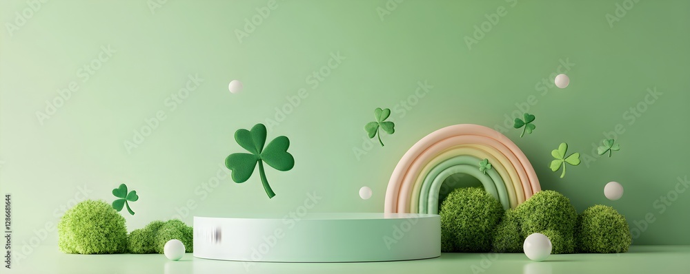 Poster st patrick day green podium display with rainbow and shamrock decorations. minimal festive scene set