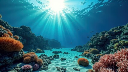 Fototapeta premium Underwater view of coral reef pathway with bleached and colorful corals under sunlit ocean water 