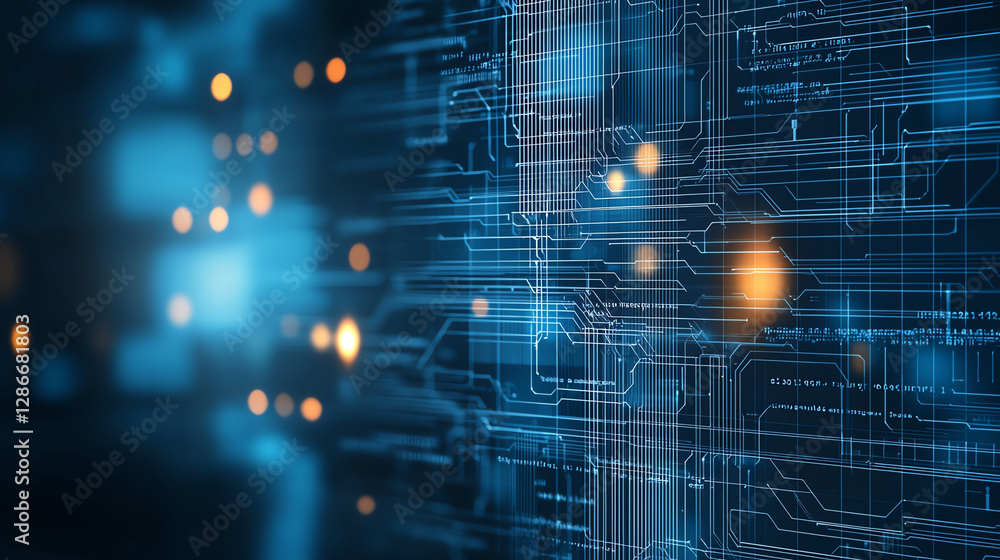 Poster digital background featuring abstract circuit patterns and glowing lights, creating futuristic atmos