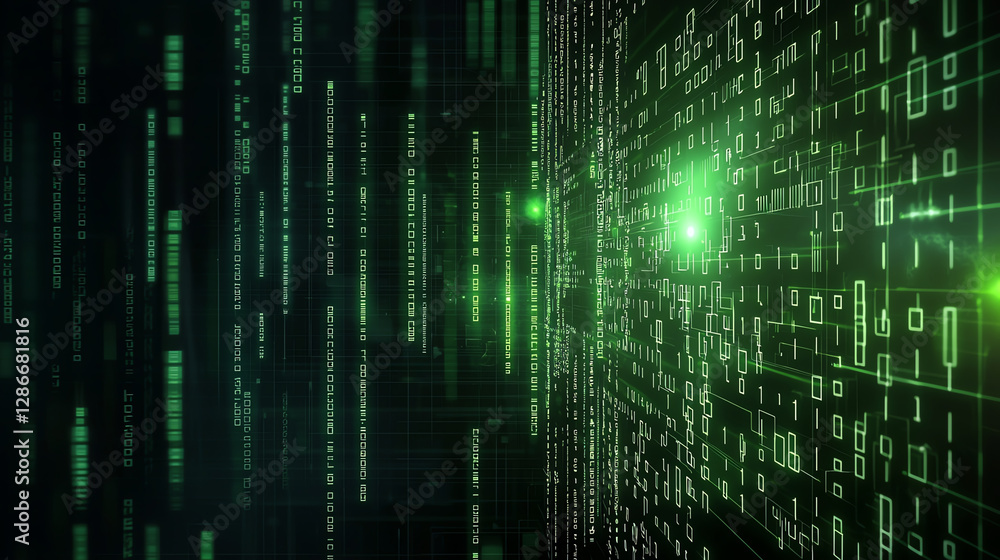 Poster digital background of glowing green binary code with futuristic feel. vibrant green lights create se