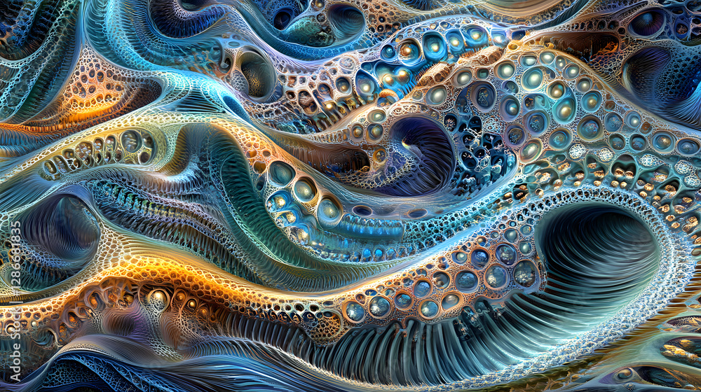Poster digital painting of a blue and orange wave abstract concept with flowing patterns and textures in a 