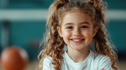 A lively girl with freckles and curly hair smiles confidently in a gym environment, showcasing the joy of physical activity and a sense of community amongst peers.