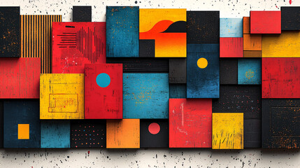 Modern poster featuring colorful squares arranged dynamically, each holding a unique illustration, icon, or texture