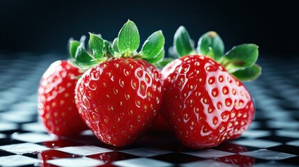 A vibrant display of fresh strawberries showcasing their glossy red skin and green leaves against a sleek black surface, emphasizing their natural beauty and freshness.
