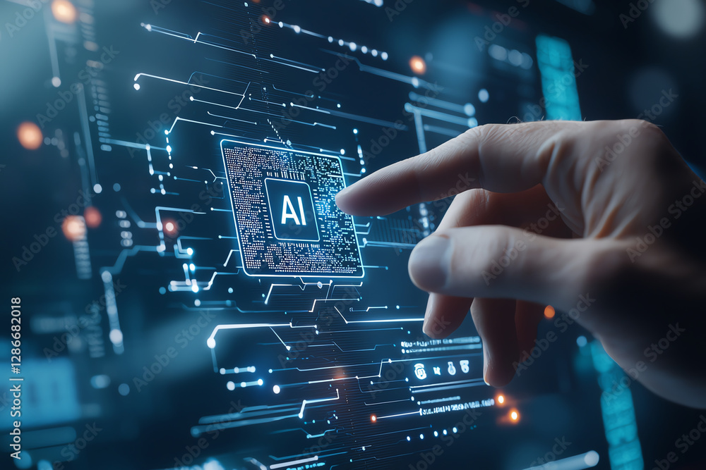 Poster close up of hand interacting with digital interface showcasing artificial intelligence technology. i