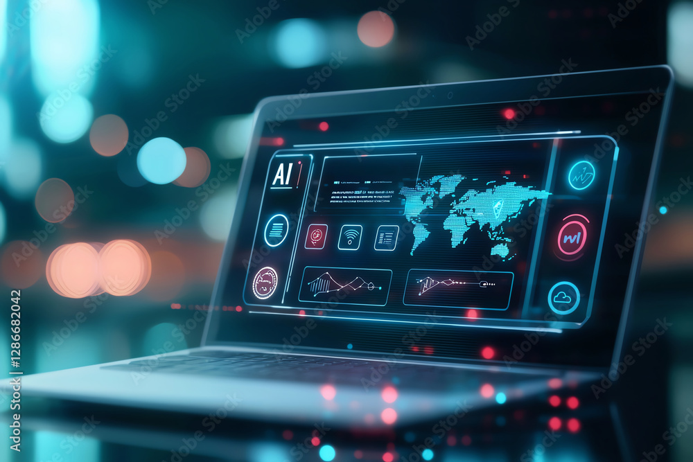 Poster laptop displaying advanced ai technology with data visualization and global maps. screen features gr
