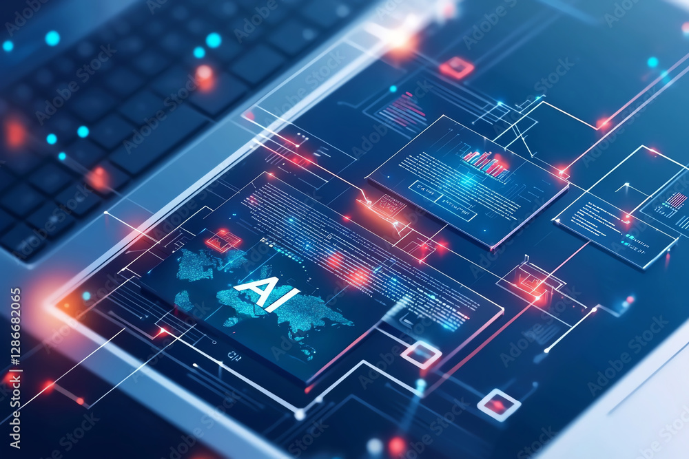 Poster innovative technology interface showcasing ai data visualization on laptop. design features vibrant 