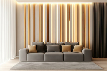 Sofa in modern interior with decorative wall and curtains. Gray sofa with pillows in living room with wooden wall panels and soft carpet. Modern home decor with couch and stylish design