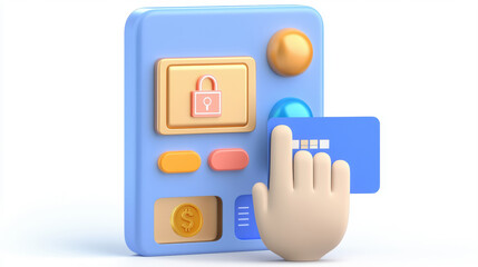 A digital payment terminal with buttons, a card slot, and a hand inserting a card, symbolizing modern financial transactions.