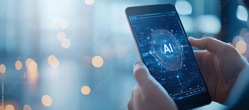 Poster ai technology on smartphone screen with digital interface and bokeh lights