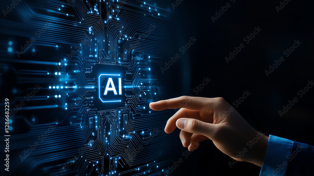 Poster futuristic hand touching ai symbol on digital circuit board, representing technology and innovation.