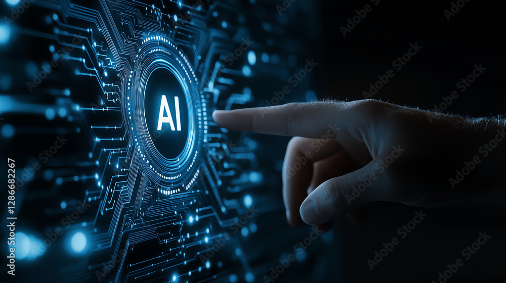 Poster businessman touching digital icon of artificial intelligence, showcasing technology and innovation. 