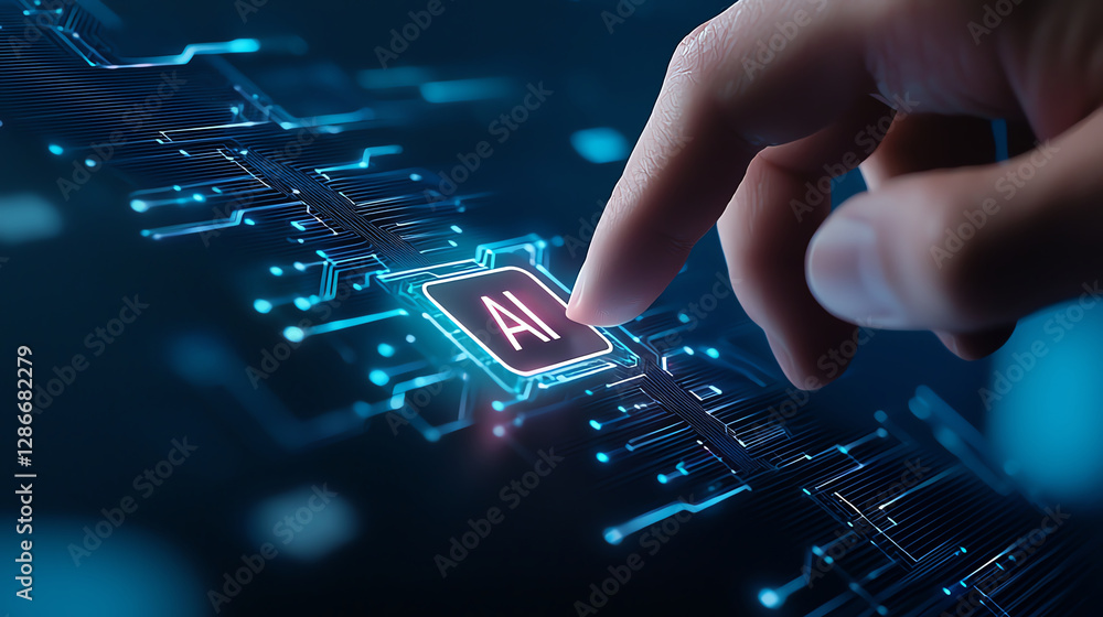Poster hand touching virtual ai button on digital circuit board, symbolizing technology and innovation. ima