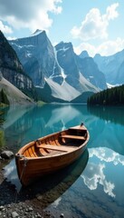 Obraz premium serene mountain lake with wooden boat docked on shore, scenery, reflections, water