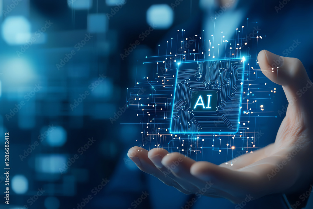 Poster businessman holding virtual microchip with ai technology, showcasing innovation and digital transfor