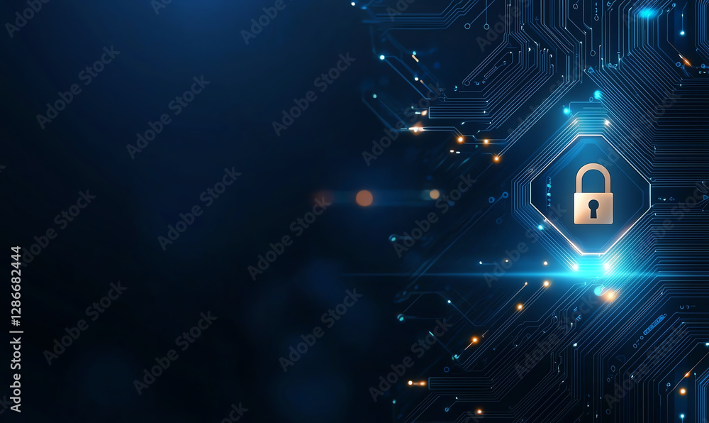 Poster digital security background featuring lock symbol, representing cybersecurity and data protection. d